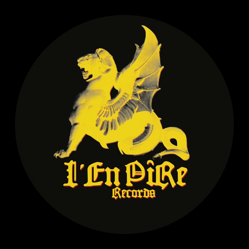 l'EnPire Records — identité visuelle créée par 20 Fois l'Ours pour le label musical. Chimère ailée jaune sur fond noir, typographie gothique.